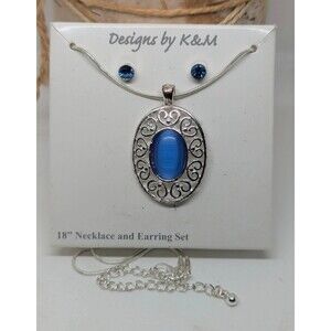 K&M Vintage Blue Tiger's Eye Stone Silver Scroll Frame Necklace Earring Set